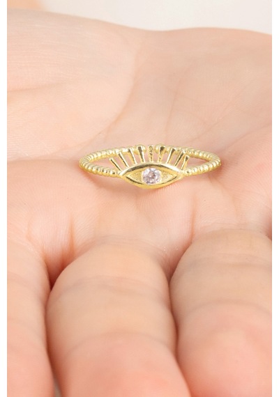 925 Ayar Gümüş Yüzük Altın Yaldızlı Zirkon Taşlı Kirpikli Göz Modeli Ayarlamalı Yüzük Barcode Gold