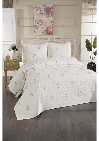 Pinkrose Nakışlı Şönil 3 Parça Çift Kişilik Yatak Örtüsü Krem Krem