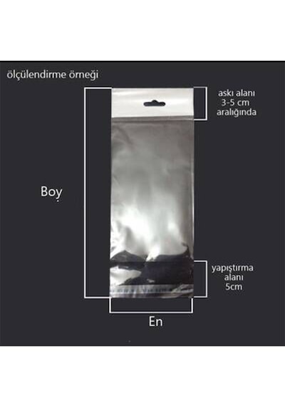 100 Adet 5x24cm Askılı Bantlı Jelatin Torba Poşet DAR UZUN POŞET