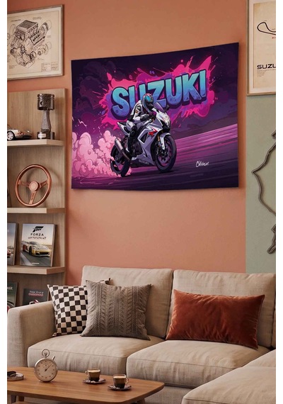 Suzuki Gsx-r Beyaz Yarış Motoru Graffiti Dekoratif Duvar Örtüsü Duvar Halısı