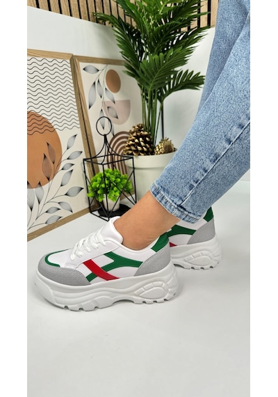 Günlük Kadın Sneaker Kalın Yüksek Taban Bağcıklı Rahat Tiger Şeritli Spor Ayakkabı 032 08-taş Yeşil Kırmızı