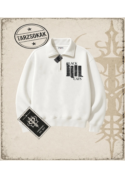 Tarzsokak Gotik & Grunge Streetwear Black Cats Yarım Fermuarlı Sweatshirt Beyaz
