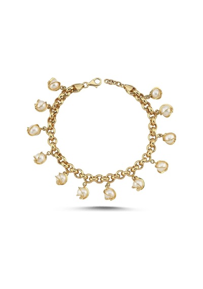 7,5 Mm İnci Detaylı Doc Zincir Bileklik Gold Sarı Altın