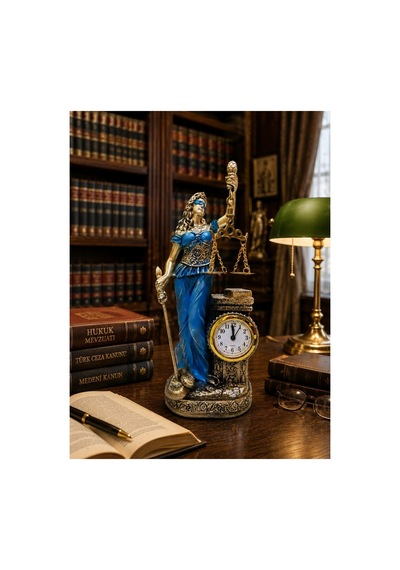 Hukuk Bürosu Masaüstü Lüks Polyester Themis Terazili Adalet Tanrıçası Heykeli Saatli Biblo Mavi 25cm Çok Renkli