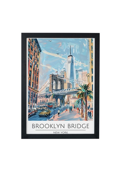Brooklyn Bridge New York Travel Poster Ahşap Çerçeveli Dekoratif Duvar Tablosu Siyah