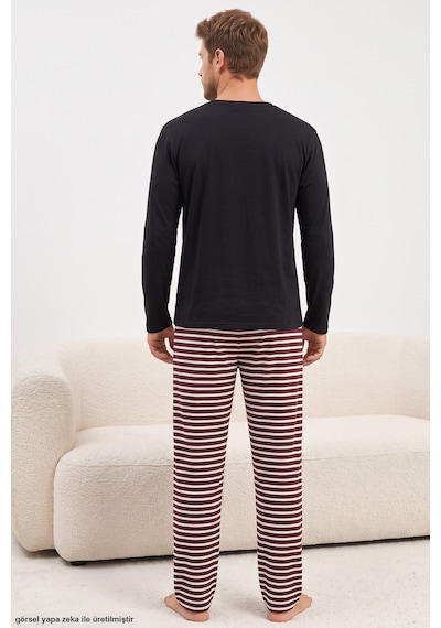Siyah İnci Desenli Pamuklu Örme Pijama Takım 8093 Mürdüm Beyaz Çizgi
