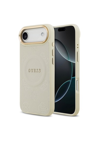 Apple Uyumlu iPhone 17 Air Kılıf Guess Lisanslı M-safeli Sıcak Baskı Yazı Logolu Pu Deri Peony Kapak Bej Bej