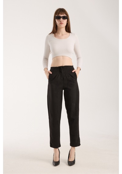 Gugus Kadın Beli Pensli Süet Pantolon Havuç/şalvar Model Siyah