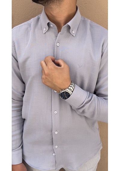Slim Fit Uzun Kol Müslin Pamuk Rahat Nefes Alabilen Kumaştan Yaka Düğmeli Hediye Kutulu Erkek Gömlek Fs-004202 - Gri-2868