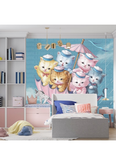 Şemsiyeye Binmiş Kediler Çocuk Odası Poster Duvar Kağıdı