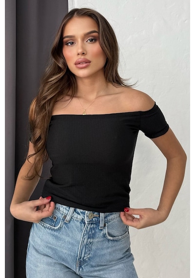 Lesa Wear Soft Touch Kayıkçı Yaka Dekolteli Basic Crop Bluz Siyah