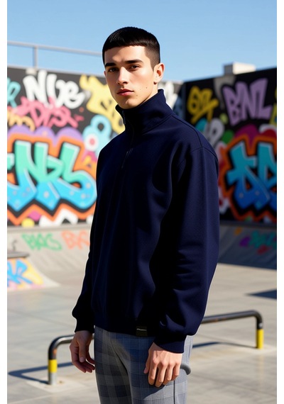 Benerly Erkek Dik Yaka Standart Kol Oversize Kalıp Fermuarlı Sweatshirt F Lacivert