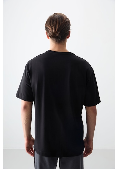 Air Jones Tommy Life Siyah %100 Pamuk Kalın Yumuşak Dokulu Oversize Fit Baskılı Erkek T-shirt - 88356 Siyah