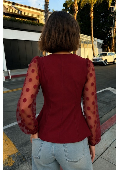 Armonika Kadın Bordo Yakası Bağlamalı Kolları Tül Peplun Bluz Arm-26y001076