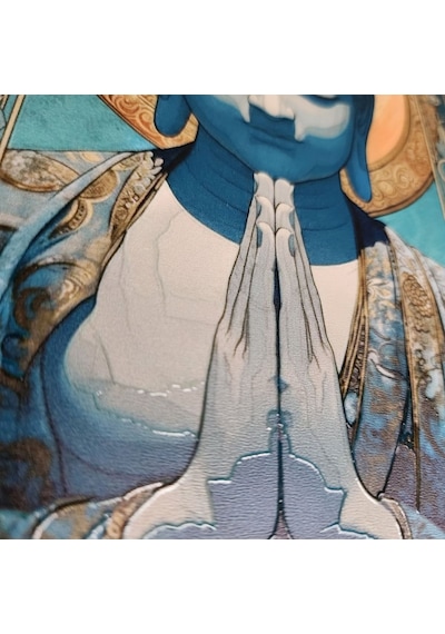 Mavi Buddha Meditasyon Ahşap Tablo - Aydınlanma Ve İçsel Huzur Dekoru - 16x25 Cm Özel Baskı Spiritüel Sanat