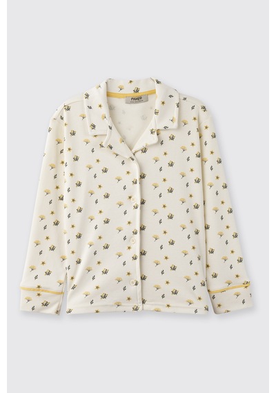 Panço Kız Çocuk Çiçek Desenli Pijama Takımı Ekru