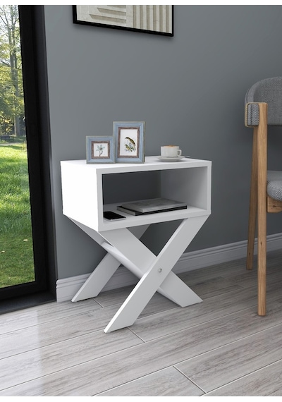 Enda Home X Ayaklı Dergilikli Başucu Komodin Yan Sehpa Sade Beyaz