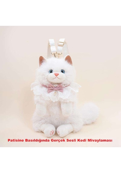 Mumicemum Kedi Sırt Çantası Büyük Boy Beyaz Peluş Fermuarlı Çocuk Sırt Çantası