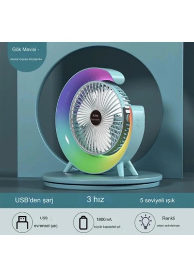 Masaüstü Vantilatör Usb Şarjlı Rgb Led Işıklı 3 Kademeli 180 Ayarlanabilir Soğutucu Fan Mavi