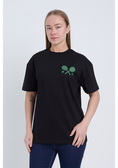 Velvoria Unisex Oversize Relaxed Tennis Baskılı Siyah Renk T-shirt