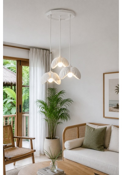 Lotus Çiçek Tasarım Üçlü Sarkıt Avize - Modern Tasarım Gece Lambası İç Dış Ortama Uygun - 25 Cm - Beyaz