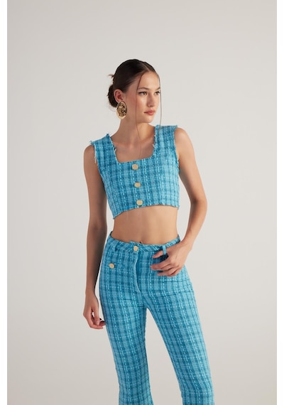 Holly Lolly Tüvit Kumaş Crop Tweed Büstiyer Mavi