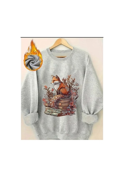 Herkesemoda Tilki Ve Kitap Baskı Detaylı Bisiklet Yaka Sweatshirt Gri