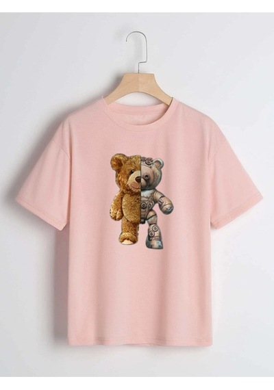 Flood Of Style Unisex Pembe Robotik Ayıcık Baskılı Oversize Bisiklet Yaka T-shirt