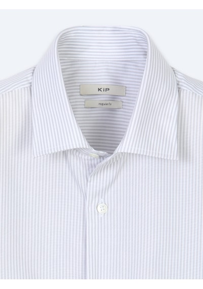 Kip Gri Çizgili Regular Fit Uzun Dokuma Casual Pamuk Karışımlı Gömlek