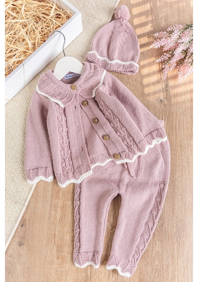 Babymod Triko Kışlık Hırkalı Kız Bebek Takım Gülkurusu