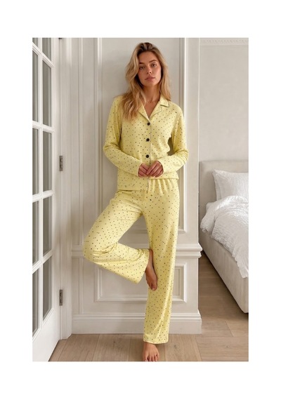 Fit Women Kadın Puantiyeli Uzun Kollu Düğmeli Sarı Pijama Takımı