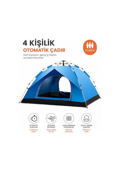 4 Kişilik Tam Otomatik Kurulum Dayanaklı Gölgelikli Kamp Çadırı 2 Kapılı-sineklikli 200x200x135 Cm Çok Renkli