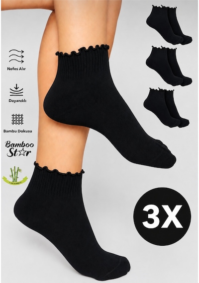Bamboo Star Bambu Kadın Fırfırlı Patik Lastiksiz Dikişsiz Siyah Çorap 3lü Paket
