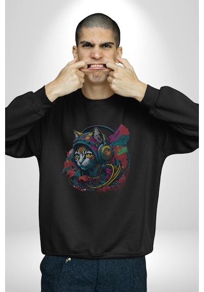 Kulaklık Kedi Müzik Tekir Unisex Siyah Baskılı Sweatshirt Siyah