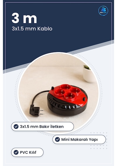 Grup Priz Uzatma Kablosu 3 M 3x1.5 Mm Mini Makaralı Bakır Pvc Kıl 3 M