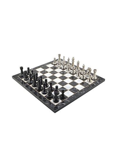Gifthome Premium Black Metal Klasik Satranç Takımı Ve Mermer Desenli Düz Mdf Tahtası 37x37 Cm.