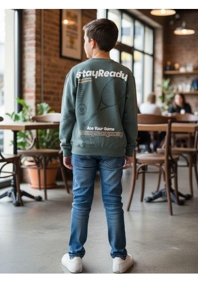 Zekids Erkek Çocuk Pamuklu Stay Yazılı İnce Uzun Kollu Sweatshirt-16334 YESIL