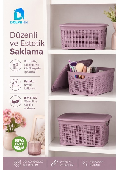 Jute Kapaklı Saklama Kutusu 2,5 L Plastik Mutfak Kiler Dolap İçi Organizer Mor