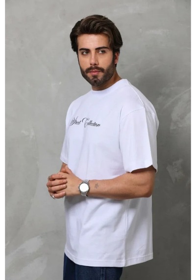 Butik İstanbul Unisex Bisiklet Yaka Baskılı Oversize T-shirt - Beyaz