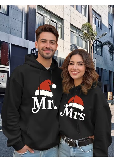 Nevermind Mr Mrs Çift Hoodie Noel Şapkalı Sevgili Kombin Kapüşonlu Sweatsh Siyah