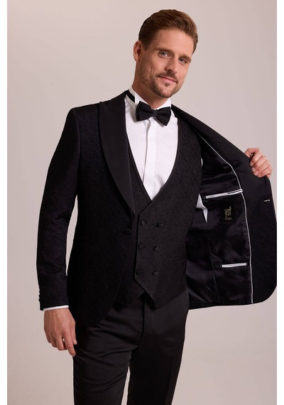 Ysf Erkek Siyah Damatlık Slim Fit Kırlangıç Yaka Desenli