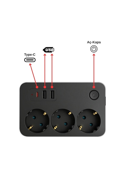 Üçlü Akım Korumalı Çocuk Korumalı 2x Usb 1x Type-c Grup Priz Uzatma 1,8 Mt Kablolu Diğer Üçlü Akım Korumalı Çocuk Korumalı 2x Usb 1x Type-c Grup Priz Uzatma 1,8 Mt Kablolu Diğer