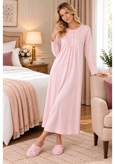 Mecit Pijama Mecit 6414 Pembe Kadın Büyük Beden Uzun Sabahlıklı Gecelik Takım