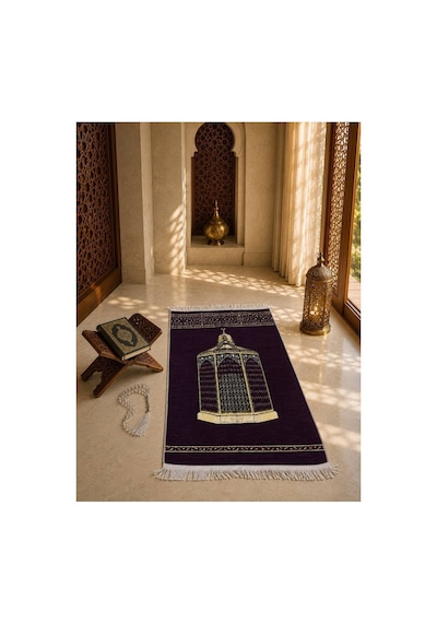 Makam-ı İbrahim Desenli Seccade Altın Detaylı, Burma Püsküllü, Kadife Dokulu Premium Namaz Seccadesi Mor Çok Renkli