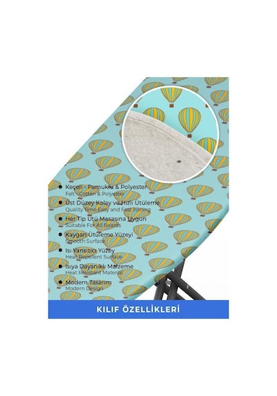 Ütü Masası Kılıfı Örtüsü Bezi, Turkuaz Uçan Balon Süngerli Ve Keçeli, Yanmaz, Ayarlanabilir 48x138 Cm