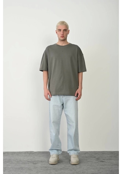Unisex Basic Bisiklet Yaka Oversize T-shirt - Füme