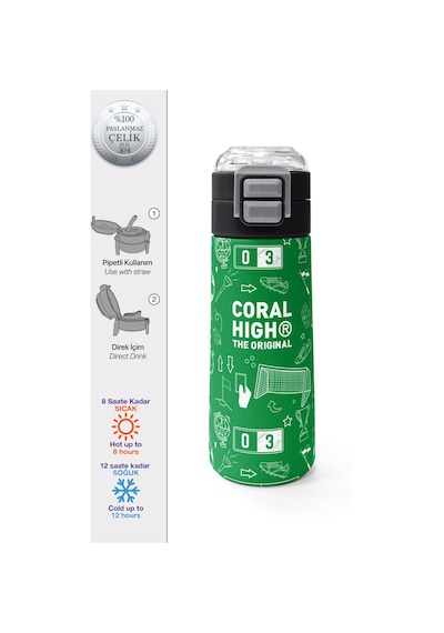 Coral High Kids Yeşil Futbol Desenli Pipetli Ve Direkt İçim Çelik Termos 500 Ml 38129 Yeşil
