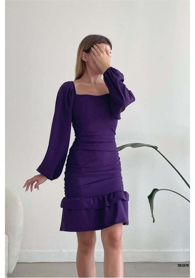 Lior Design Kadın Sade Kare Yaka Büzgülü Uzun Kollu Abiye Elbise Mor