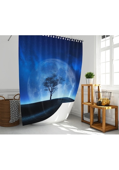 Banyo Duş Perdesi Ay Desen Manzaralı Dijital Baskılı Banyo Perdesi, Tek Kanat C Halkalı-180x200 Cm Koyu Mavi