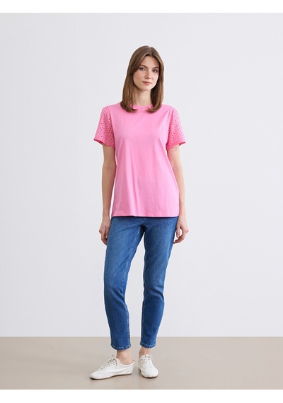 Lcw Comfort Pembe Bisiklet Yaka Brode Detaylı Bluz
